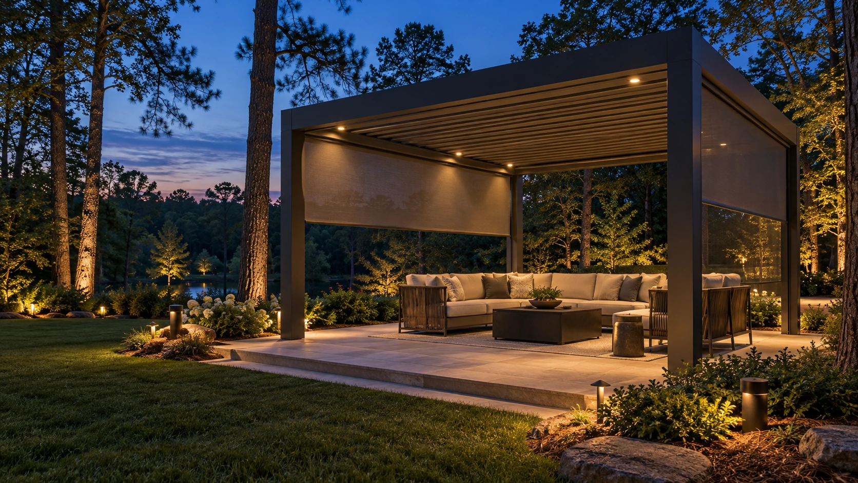 Four-post aluminum pavilion at dusk with motorized screens, Coastal Source landscape lighting, and low bollard speakers